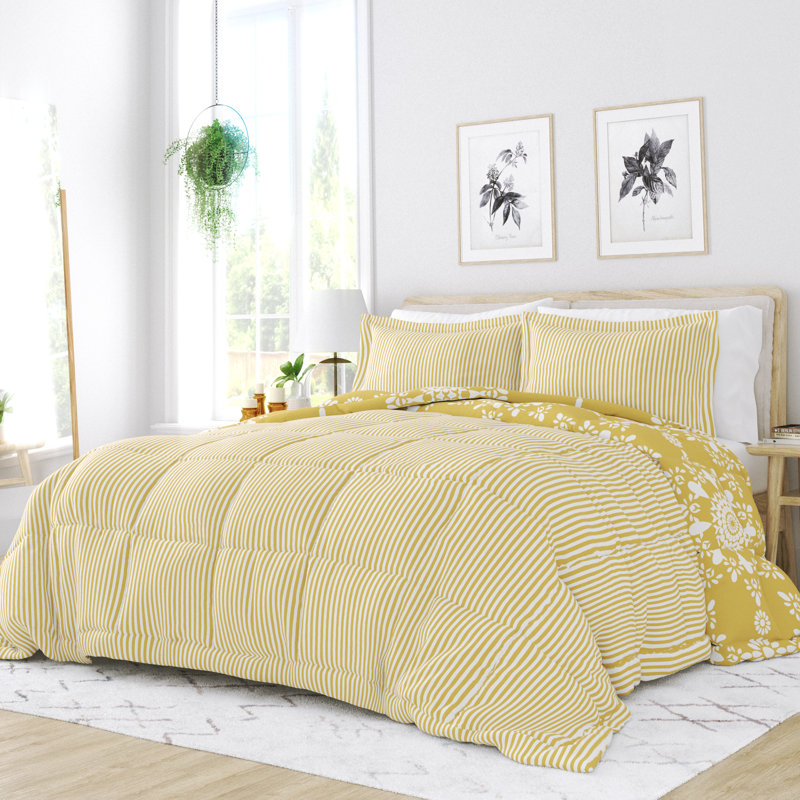 Yellow and White Floral Reversible King Down Alternative Comforter Set