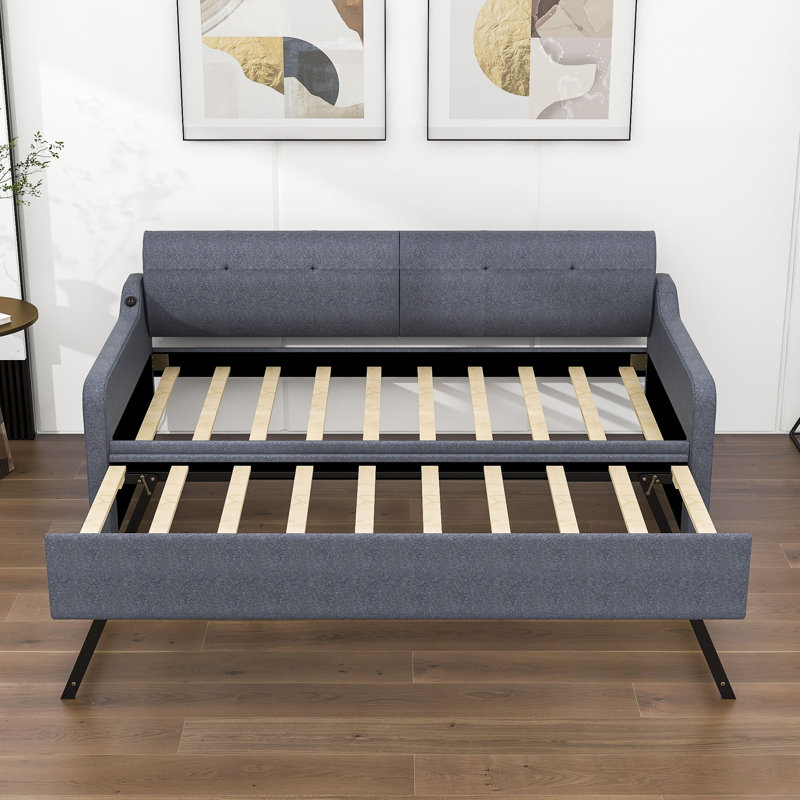 Basiliki Twin Size Upholstered Daybed with Trundle and USB Charging Design, Gray