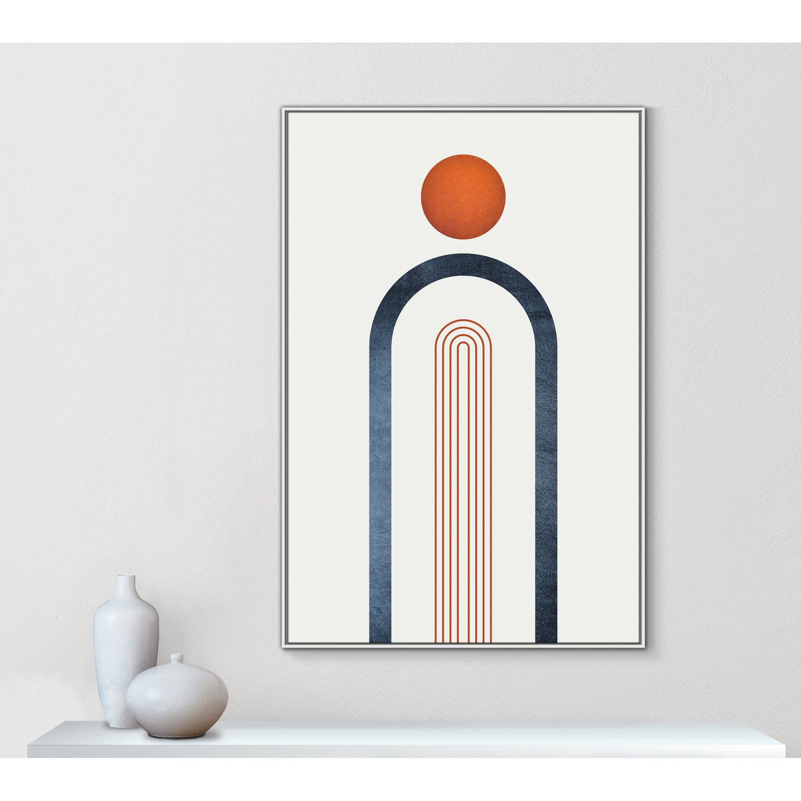 Minimalist Midcentury Orange Navy I by - Floater Frame Print on Canvas, 61.5" H x 41.5" W x 2" D, White Framed