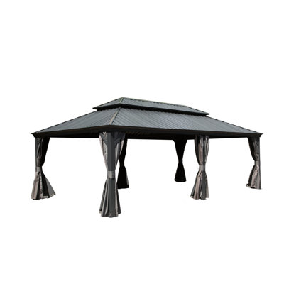 14X22ft Grey Gazebo With Aluminum Frame & Galvanized Steel Roof - Built-In Gutter System, Curtain And Netting For Deck Metal Top Frame, Garden Patio