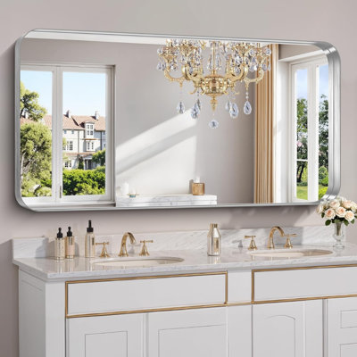 Grand miroir de salle de bain 60 po x 30 po pour lavabo double, miroir mural à cadre profond argent brossé avec coins arrondis, verre trempé antirouille pour meuble-lavabo de style campagne moderne (horizontal / vertical)