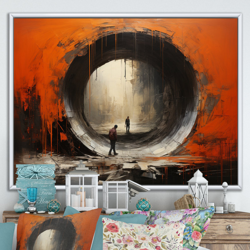 Tunnel orange avec portail abstrait I, Cadre flottant blanc, H 12 po x l 20 po x P 1 po
