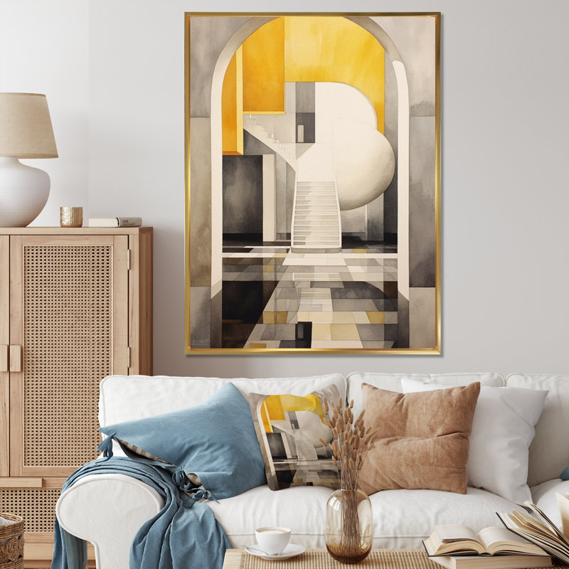 «Yellow and Grey Intersecting Realities III» sur impression sur toile, Cadre flottant doré, H 32 po x l 16 po x P 1 po