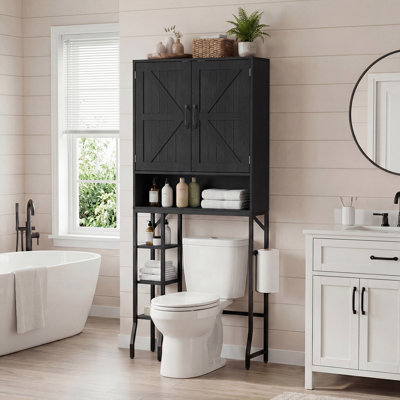 Au-dessus de la toilette, armoire de salle de bain de ferme de 31 po de largeur avec portes de grange et tablettes réglables, organisateur de salle de bain en bois avec porte-papier hygiénique, économiseur d'espace, noir
