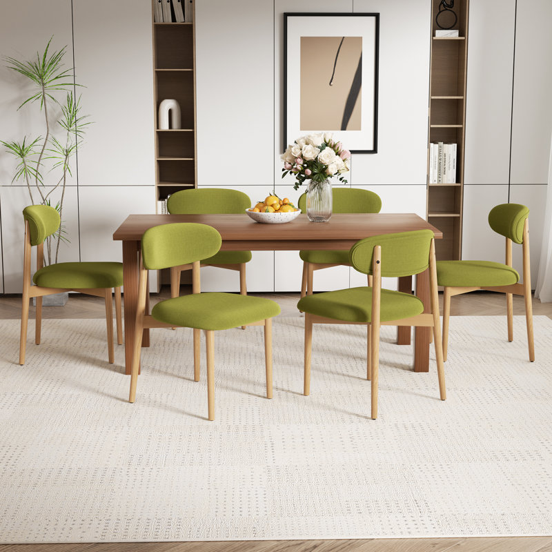 Modern Minimalist Dining Chair With Wood Legs, Mid-Century Accent Chair For Kitchen, Living Room, And Vanity, Natural, Green