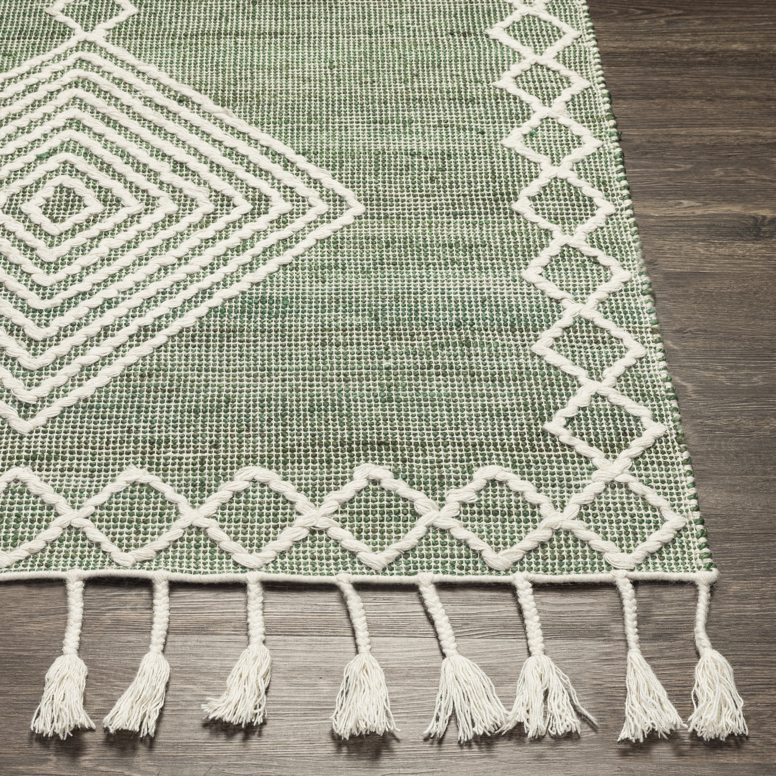 Rodriguez Hand-Woven Green Geometric Jute Rug, Rectangle 8'10" x 12'