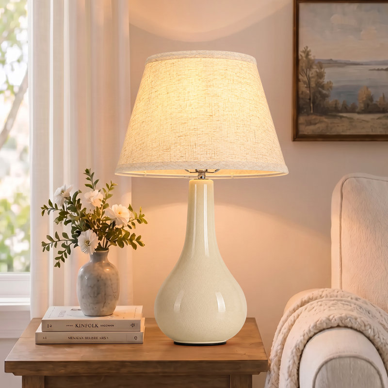 18 po Lampe de table moderne en céramique avec abat-jour en lin pour le salon de la chambre à coucher, Crème