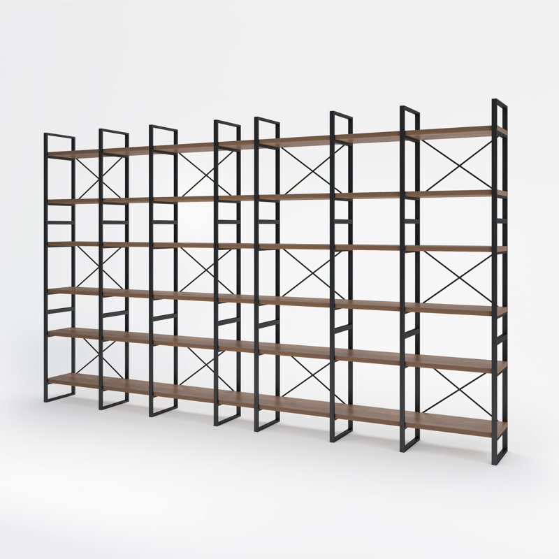 142" Extra Large Industrial Open Bookcase With Metal Frame, 6-tier Rustic Brown Display Shelving Unit For Living Room & Home Office