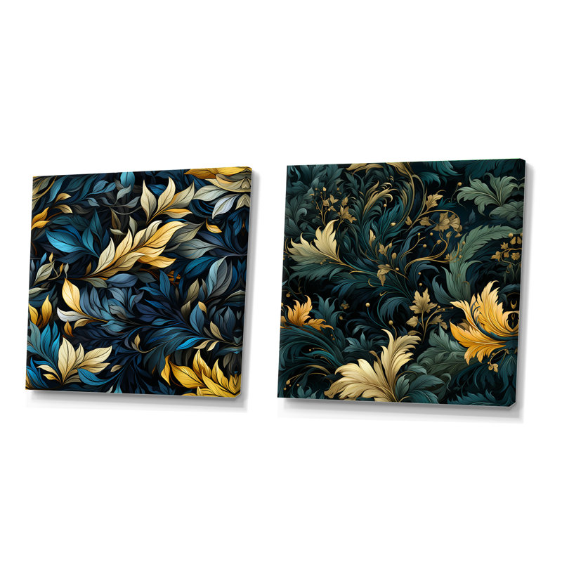 Feuille bleue et verte Harmony - Ensemble de 2 collages floraux et botaniques carrés, H 16 po x l 33 po, Toile tendue