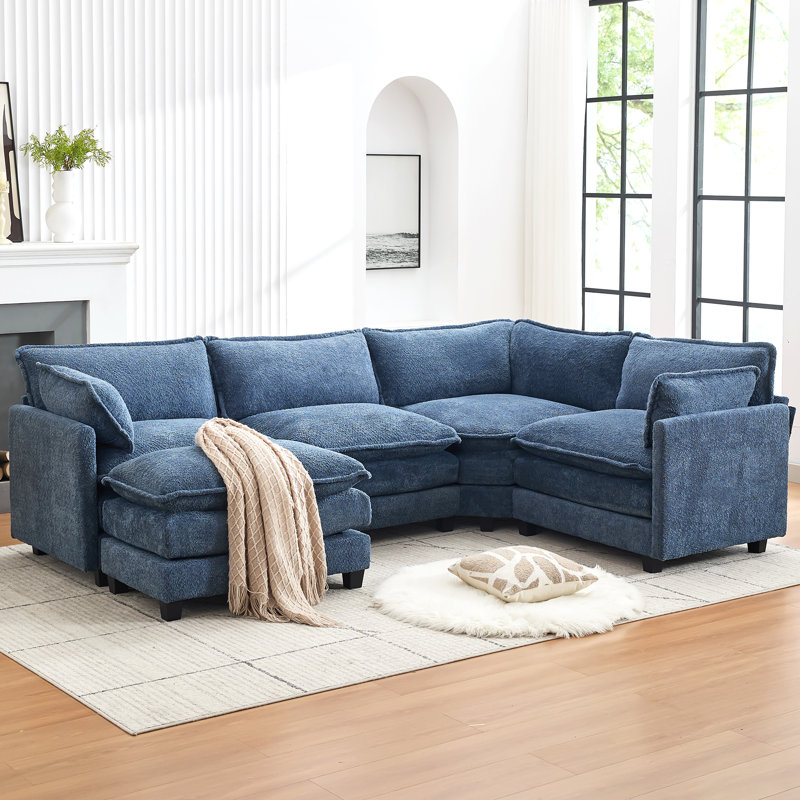 Canapé d'angle modulaire en L en chenille bleu marine avec repose-pieds amovible surdimensionné et canapé profond