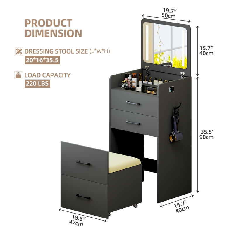 Dressing Table with Mirror, Black, Grey