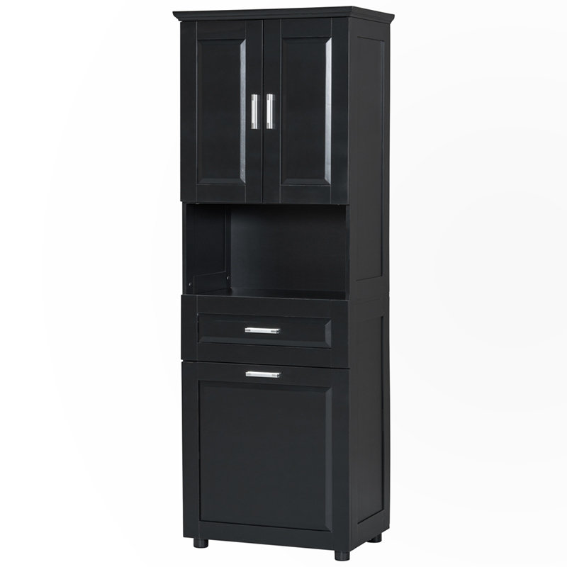 Tall Bathroom Cabinet with Laundry Basket, Black