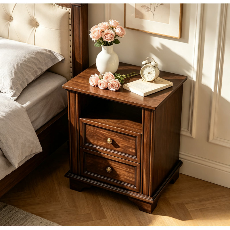 Table de chevet traditionnelle en bois avec compartiment ouvert, 2 tiroirs et poignées décoratives dorées, table d'appoint marron pour chambre à coucher