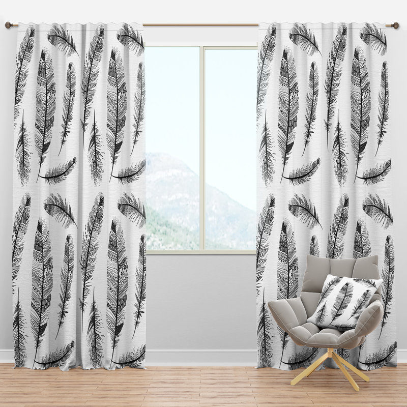 Vintage Feathers with tribal patterns - Abstract Curtain - Velvet Room darkening - 1 panel, 52"W x 120"L