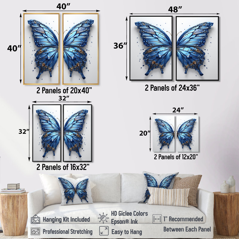 Papillon, aquarelle, ailes II - art mural moderne bleu, H 40 po x l 40 po, Reproduction encadrée sans passe-partout, Brun