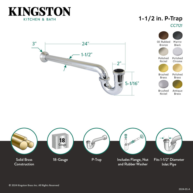 Kingston Brass Vintage 1-1/2 Inch Decor P-Trap with Bell Flange, 24 Inch Length, 18 Gauge, Brushed Brass