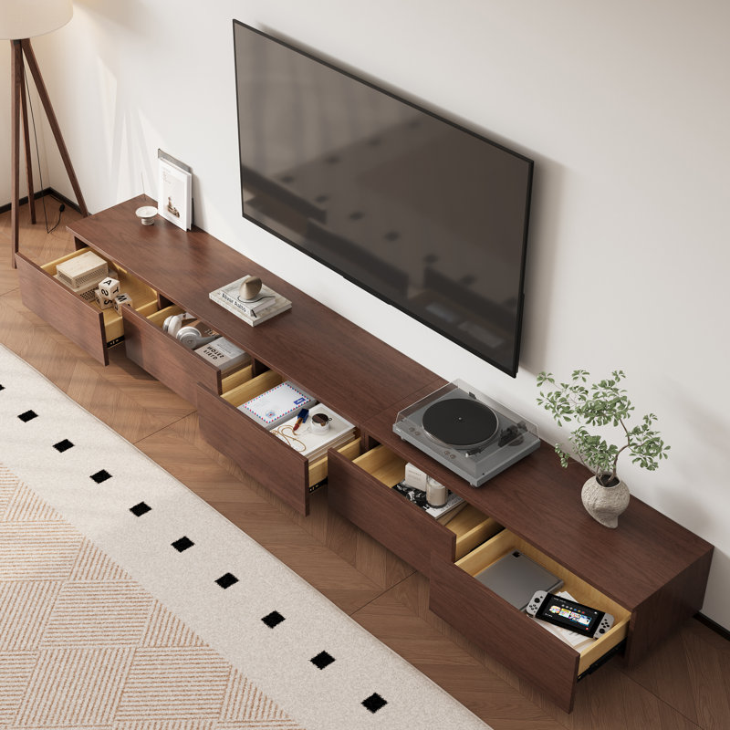 Meuble télé 118 po Mid-Century, console multimédia en bois massif brun avec 5 tiroirs, H 13,78 po x L 118,11 po x l 15,75 po