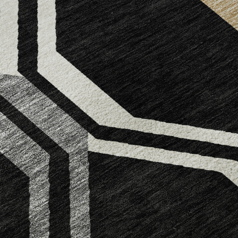 Premium Machine Washable Mayfield AMF2326 Mid-Century Modern Rug, Black, 8' x 10'