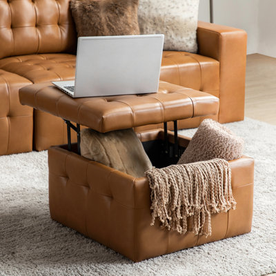 Brezlynn 24" Wide Genuine Leather Tufted Standard Ottoman with Storage