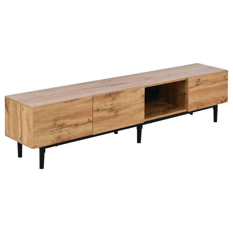 Meuble télé 69 po à DEL avec console média minimaliste à grain de bois avec 3 armoires, grand espace de divertissement pour le salon