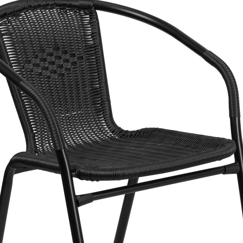 Amlie 23.75" Round Glass Metal Table with 2 Rattan Stack Chairs