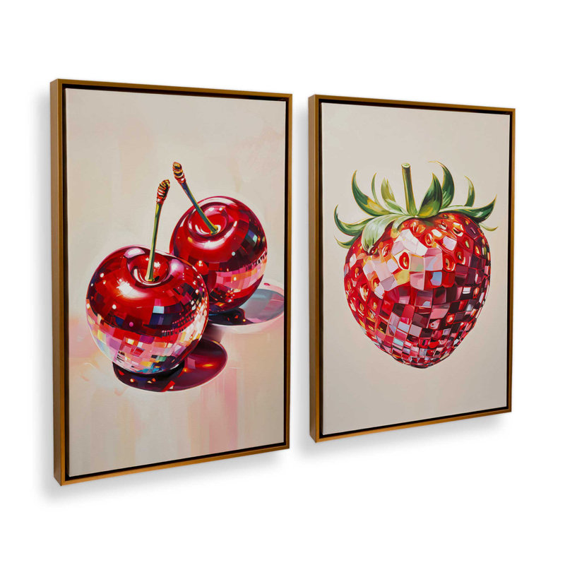Ensemble de 2 cerises disco et fraises, H 13 po x l 18 po, Cadre flottant or poli
