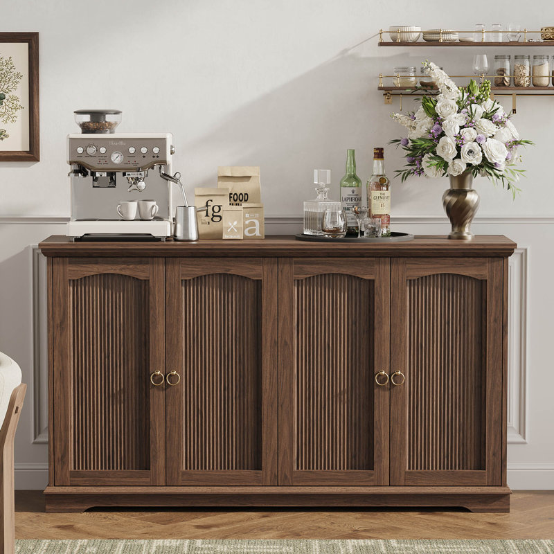 Buffet 55 "Mid-Century avec 4 portes et tablettes réglables, armoire Buffet avec poignées anneaux dorées