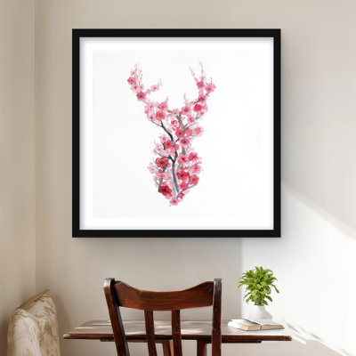 «Deer in Cherry Blossoms - Pink Seasons», reproduction encadrée