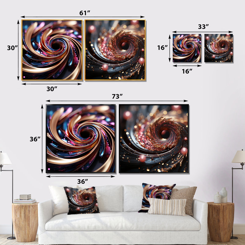 Or et rose hypnotique abstrait spirale I - ensemble de 2 décorations murales spirales abstraites, Cadre noir
