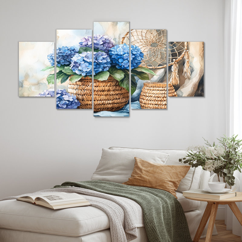 Boho Blue Hydrangea Bliss I - Hydrangea Wall Art - Traditional Wall Art Decor, 32'' H x 60'' W, 5