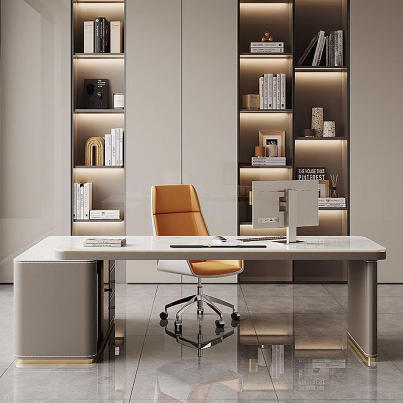 Bureau de direction gris en L en pierre frittée avec tiroirs, Retour à droite, H 29,53 po x l 55,12 po x P 55,12 po