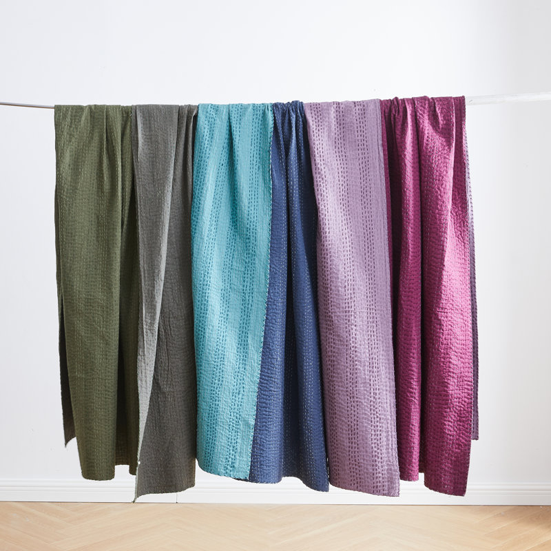 Handstitch Reversible Color Kantha Coverlet, Queen Coverlet, Green