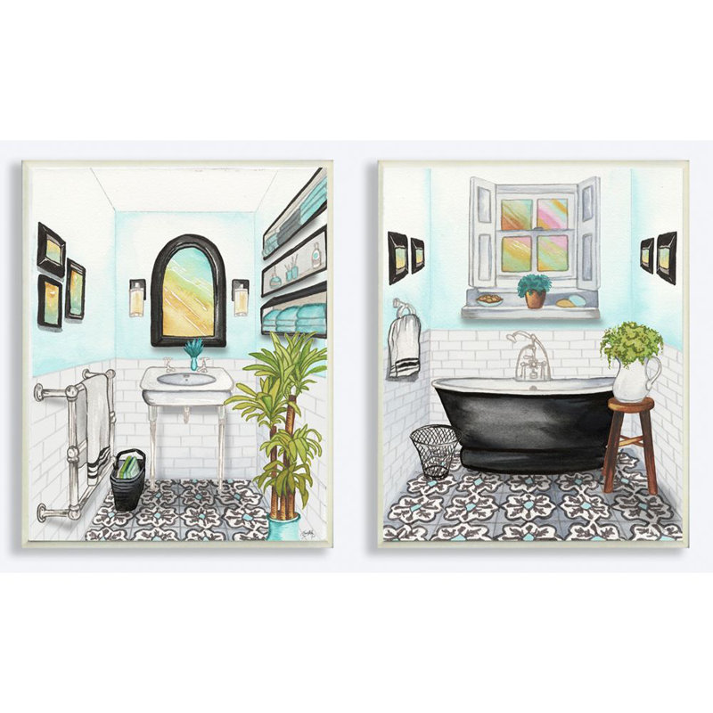 «Cute Bathroom Watercolor Painting», ensemble de 2 impressions sur toile, H 10 po x l 15 po x P 0,5 po, Plaque murale