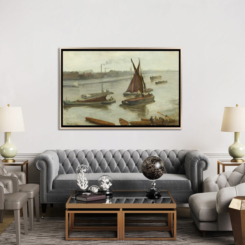 Old Battersea Reach - impression d'art mural, 40 po x 60 po, Toile avec cadre, Champagne
