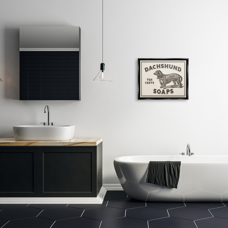 «Daschund Soap Vintage Sign», art mural par Daphne Polselli, Cadre flottant noir de jais, H 17 po x l 21 po x P 1,7 po