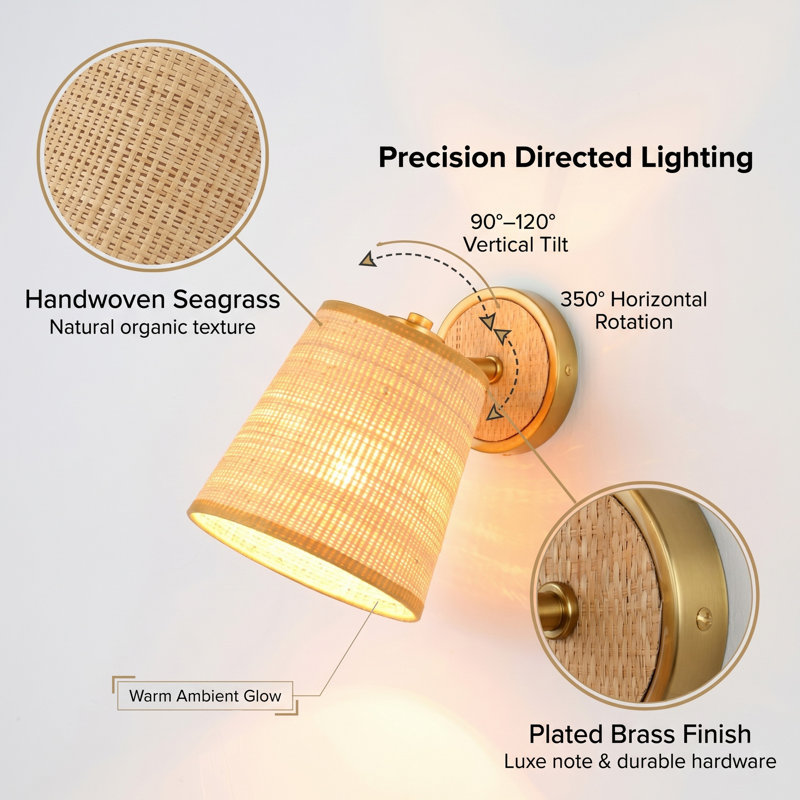 Organic Modern Woven Seagrass Wall Sconce, Adjustable Pivoting Head, Plated Brass Accent