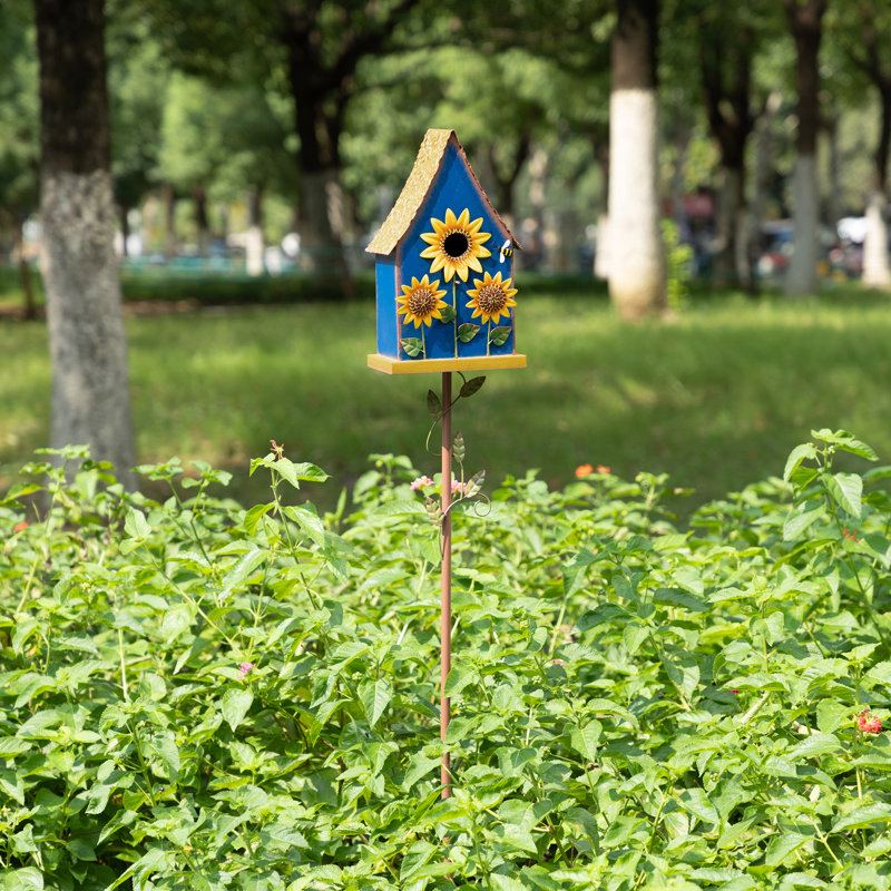 Maison d'oiseaux en bois avec piquet 52,5 "H, Bleu