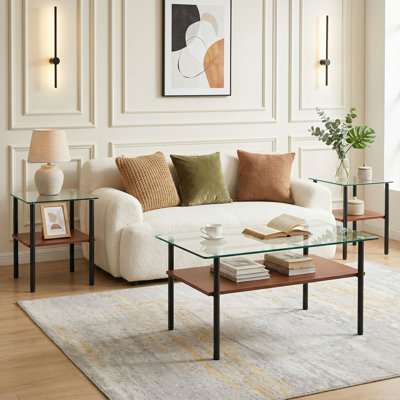 Table basse et tables de bout Ensemble de 3 tables basses modernes en verre pour le salon, pieds rectangulaires en verre trempé avec tablette en bois. Table de centre élégante et facile à nettoyer