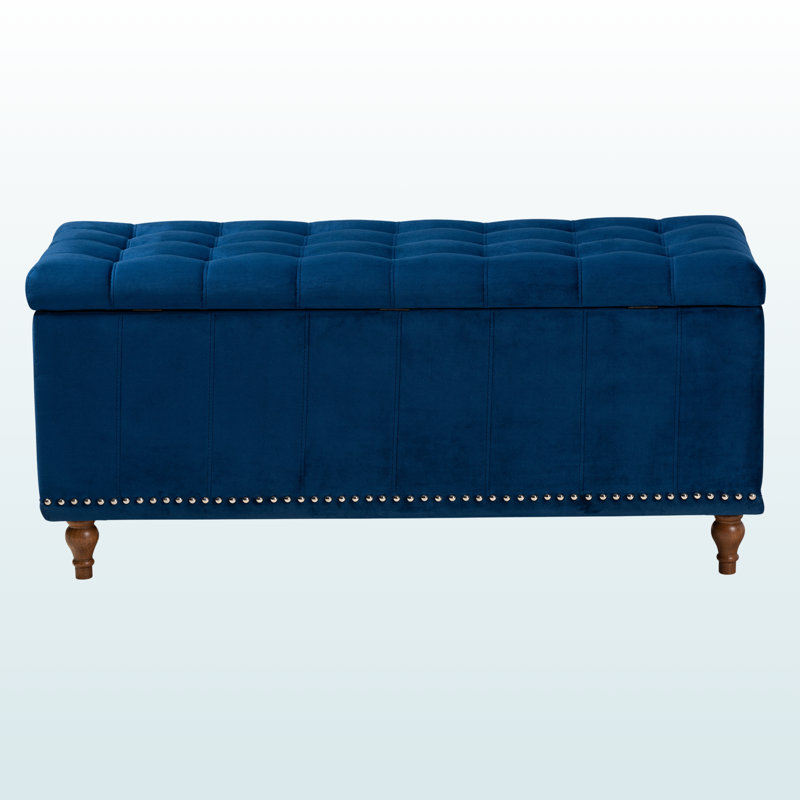 Banc de rangement avec repose-pieds capitonné en tissu bleu marine Mosa, H 18,48 po x l 41,49 po x P 16,59 po