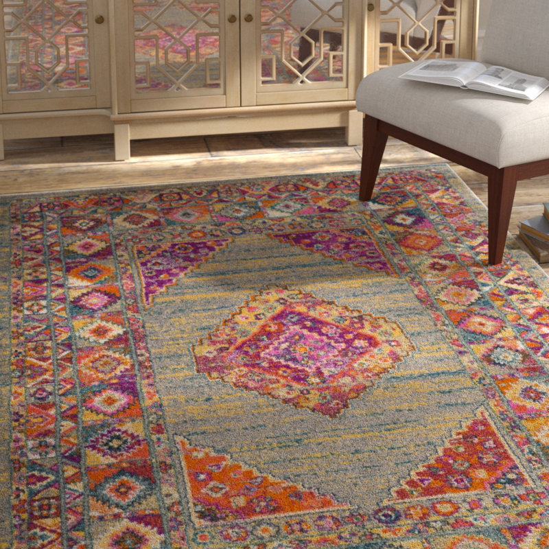 Tapis oriental Felty, Rectangulaire 8 pi x 10 pi, Bleu clair / orange