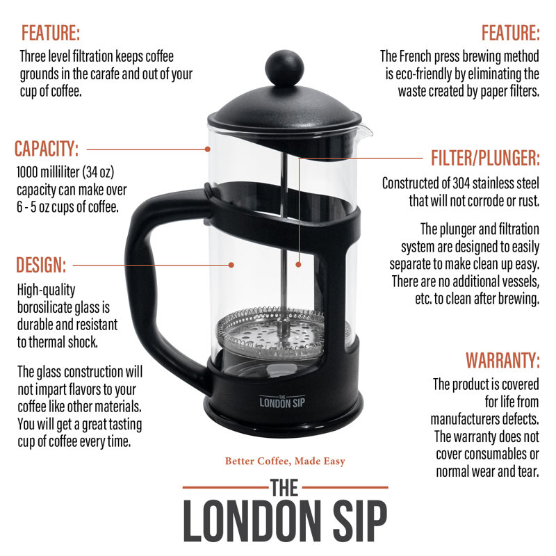 London Sip French Press, cafetière à immersion, 350 ml, Carafe à décanter