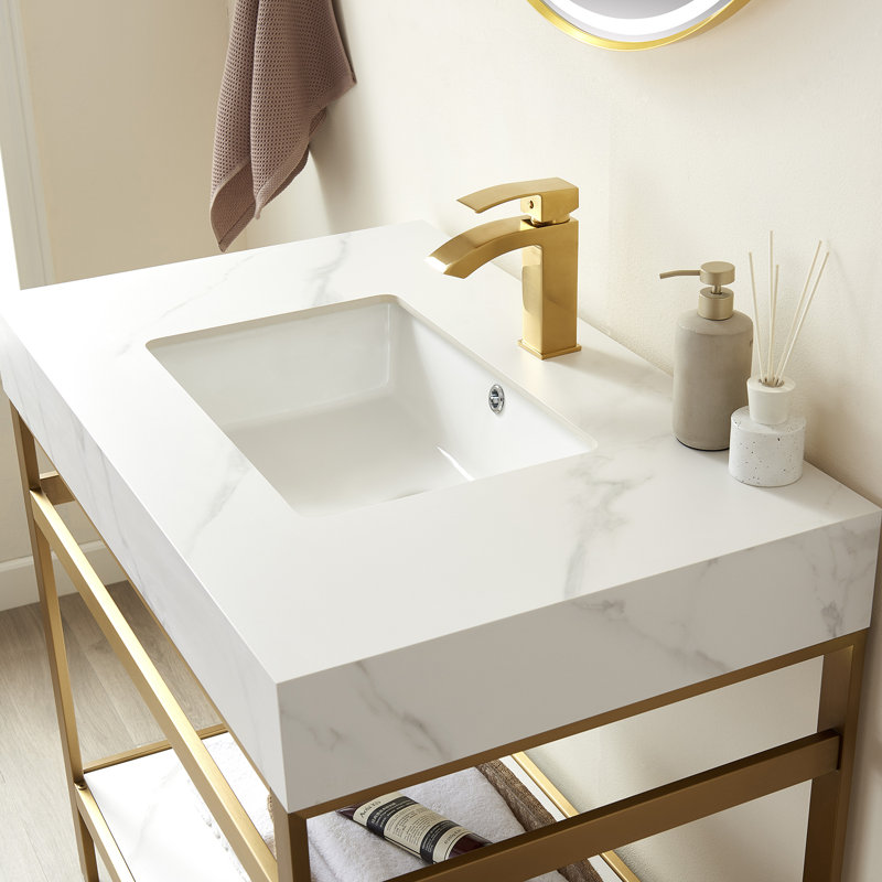 Ensemble de meuble-lavabo simple 36 po Funes, Or brossé, Blanc montagne enneigée, Or brossé