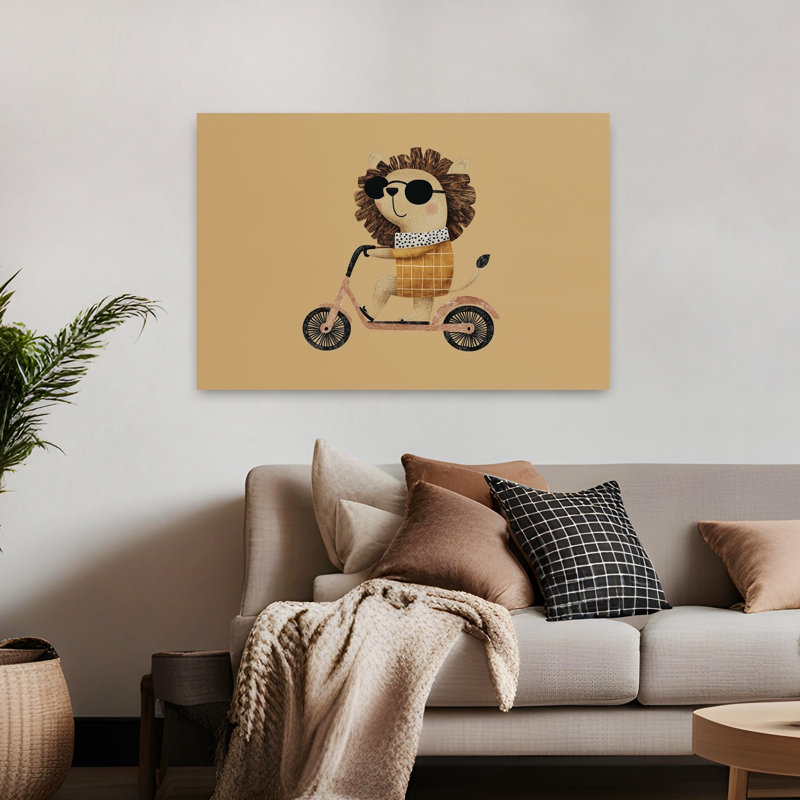 «Hipster lion on scooter», H 32 po x l 48 po