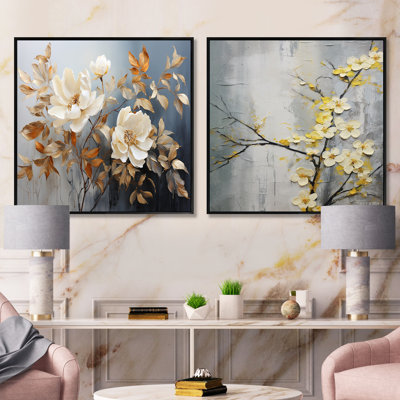 Empreinte romantique blanc et jaune - ensemble de collage floral carré carré de 2