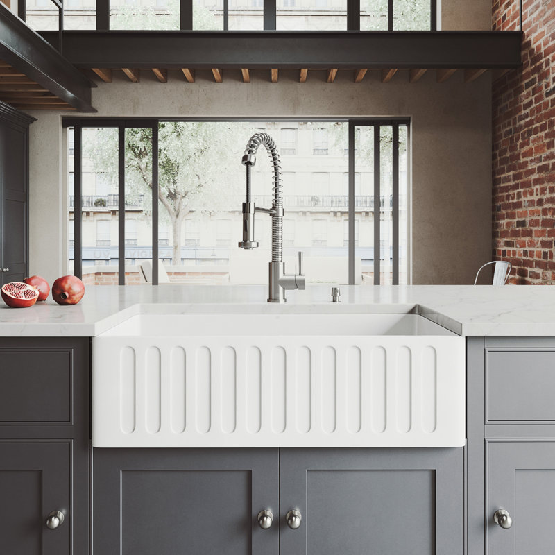 Matte Stone™ 33" L x 18" W Farmhouse/Apron Kitchen Sink with Basket Strainer