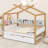 Wooden House Bed With Original Wood Colored Frame Trundle And Bookshelf Storage Space For Children Or Guest Room