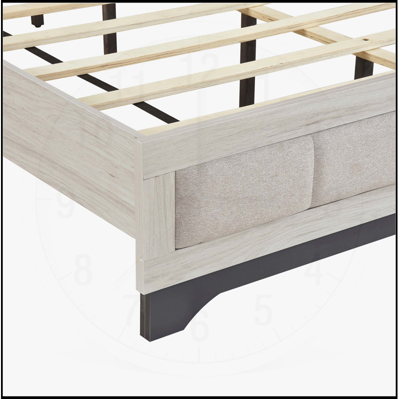 Lit plateforme double contemporain en chêne blanc et gris avec tête de lit et pied de lit rembourrés Contemporary, Double
