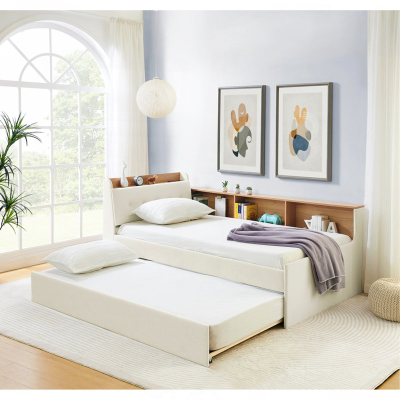 Twin Size Upholstery Velvet Height Adjustable Day Bed With Storage Headboard And Wireless Charging, Multi-Functional Daybed With Trundle Bed & LED Lights, Beige