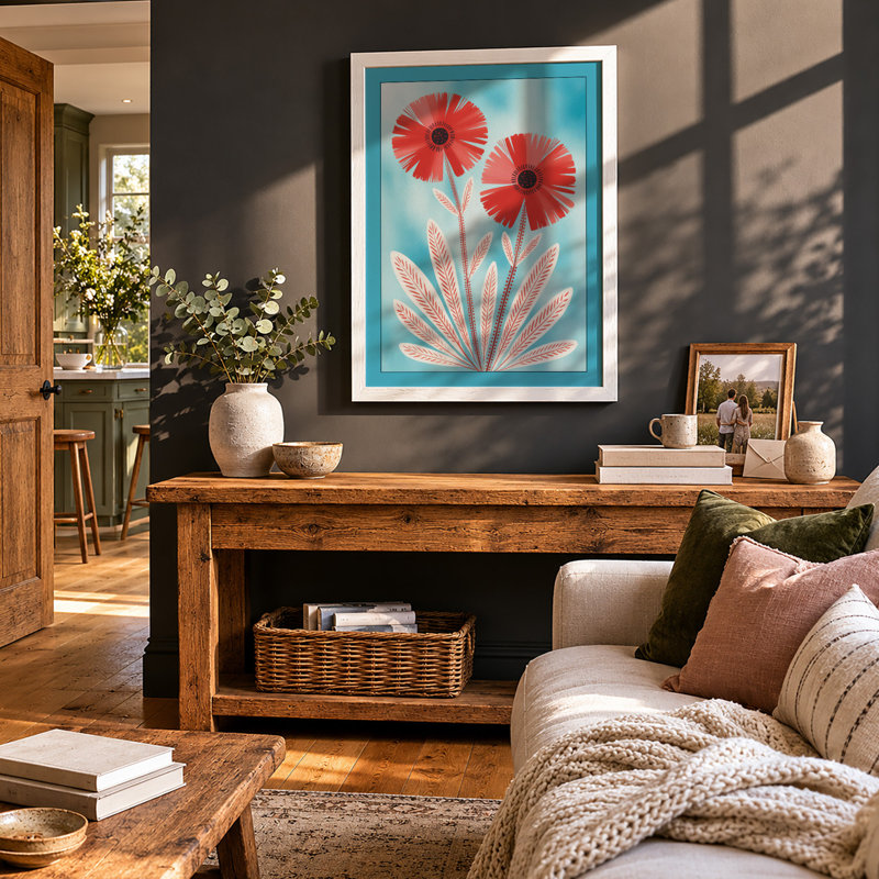 Coral Flowers at Rest Mid-Century - Framed Print, A4 - 29.7 x 21.0 cm, White