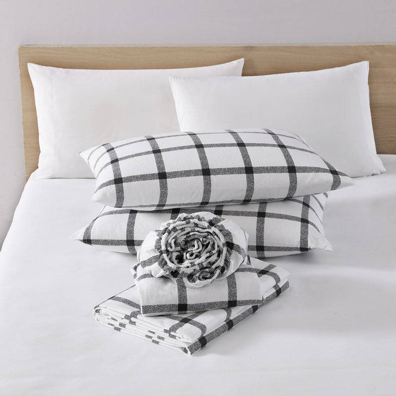 Gray Plaid Cotton Flannel Twin Sheet Set with Deep Pockets